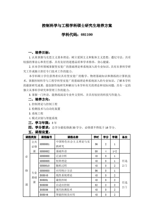 控制科学与工程学科硕士研究生培养方案