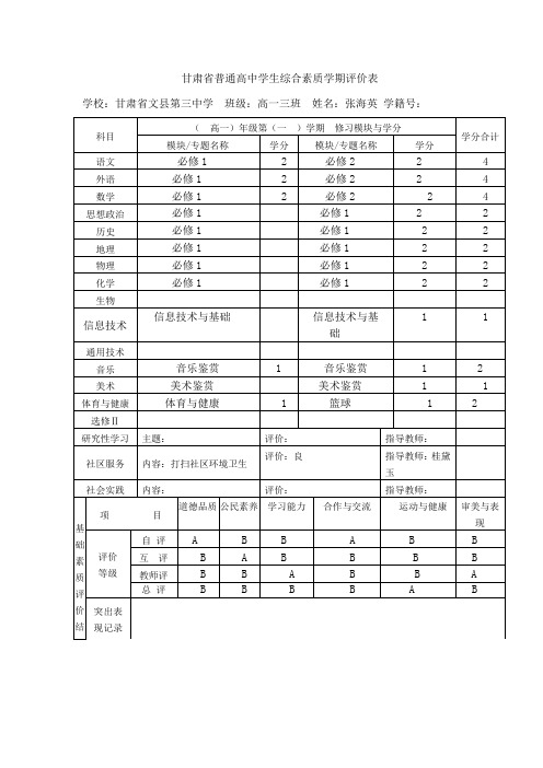 甘肃省三中普通高中学生综合素质学期评价表