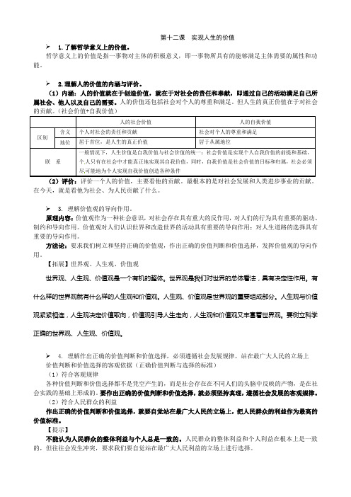 高三政治一轮复习教案：必修4 第12课 实现人生的价值