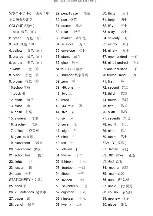 新版北京市小学级英语单词系统分类汇总