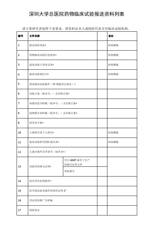 深圳大学总医院药物临床试验报送资料列表