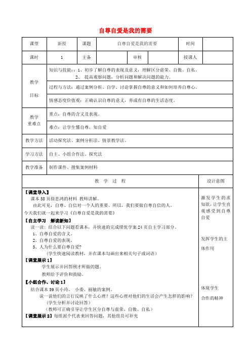 七年级道德与法治上册第五课做自尊自爱的人第1框自尊自爱是我的需要教案鲁人版六三制