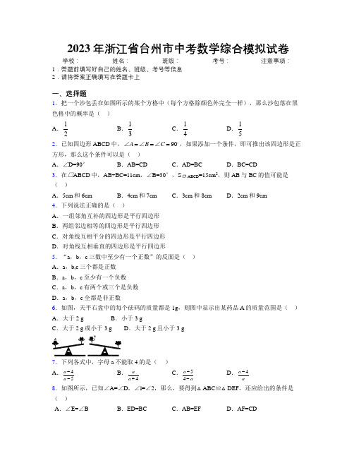 2023年浙江省台州市中考数学综合模拟试卷附解析