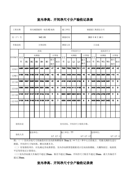 室内净高开间净尺寸分户验收记录表填写范例