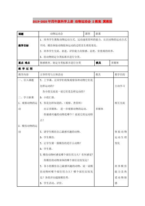 2019-2020年四年级科学上册 动物运动会 2教案 冀教版