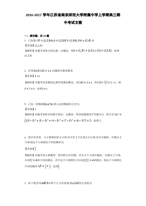 2016-2017学年江苏省南京师范大学附属中学上学期高三期中考试文数(详细答案版)