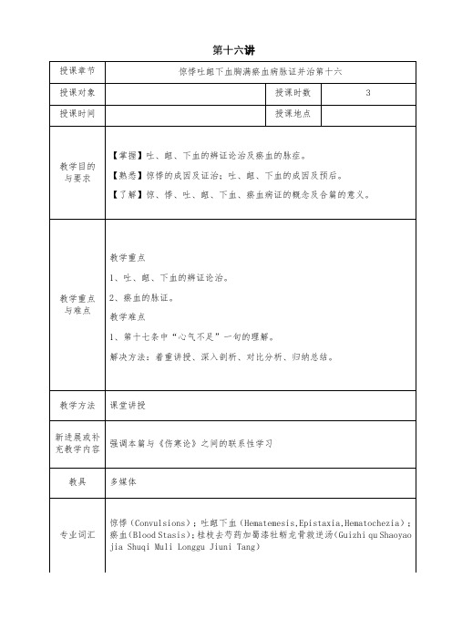 中医专业金匮要略教案第16讲 惊悸吐衄下血胸满瘀血病脉证并治第十六