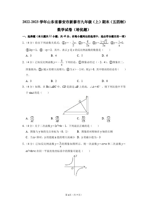 2022-2023学年山东省泰安市新泰市九年级(上)期末数学试卷及答案解析(培优题)(五四学制)