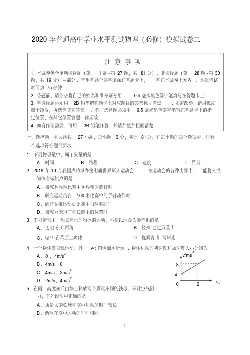 江苏省扬州市2019-2020学年高二学业水平合格性考试模拟试卷(二)(1月)物理Word版含答案