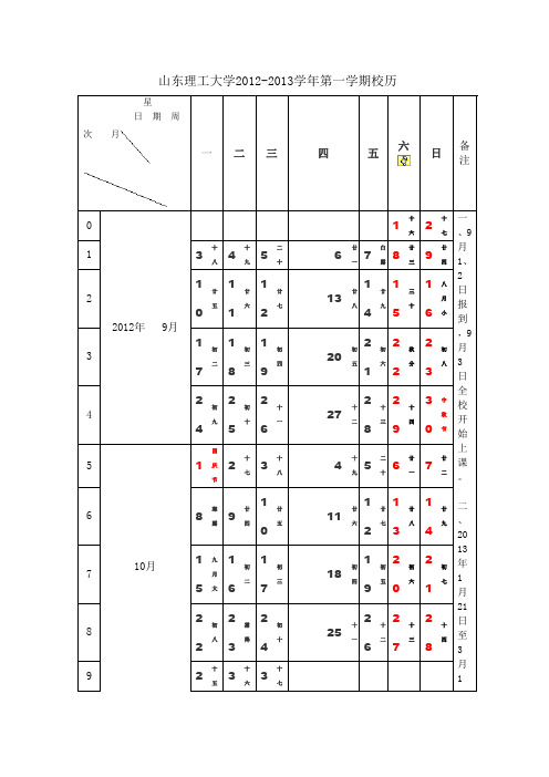 山东理工大学2013-2014学年第一学期校历