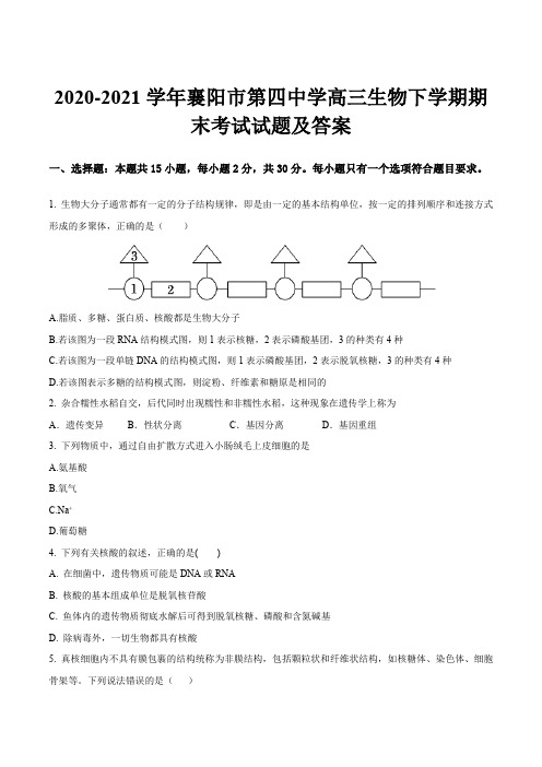 2020-2021学年襄阳市第四中学高三生物下学期期末考试试题及答案