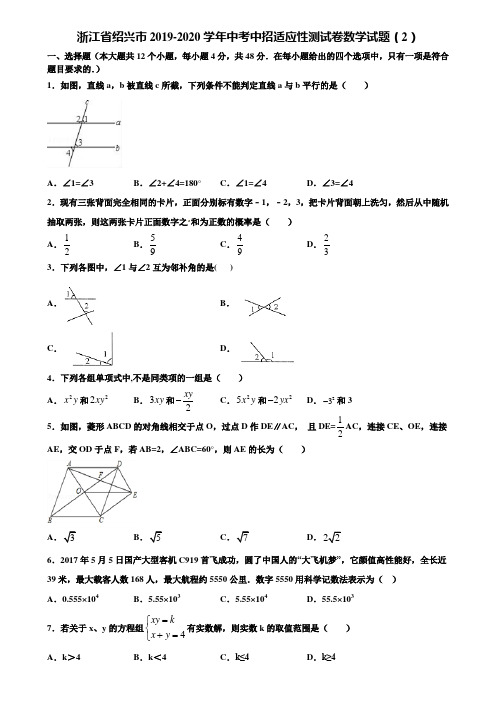 【附5套中考模拟试卷】浙江省绍兴市2019-2020学年中考中招适应性测试卷数学试题(2)含解析