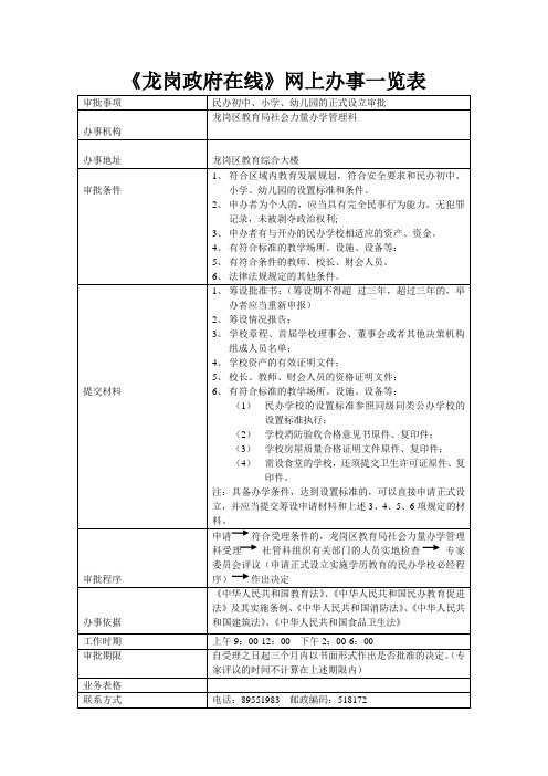 龙岗政府在线网上办事一览表