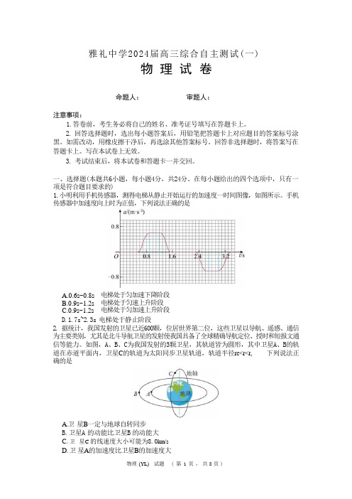 2024届湖南省长沙市雅礼中学高三下学期3月综合测试(一)物理物理(YL)_1