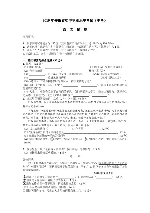 2019年安徽省初中学业水平考试语文试题