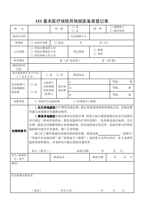 基本医疗保险异地就医备案登记表