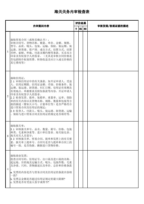 关务内审检查表2018