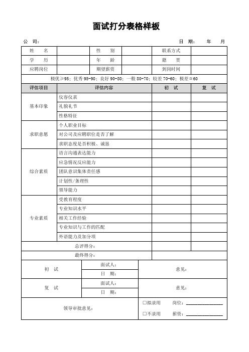 面试打分表格样板简单