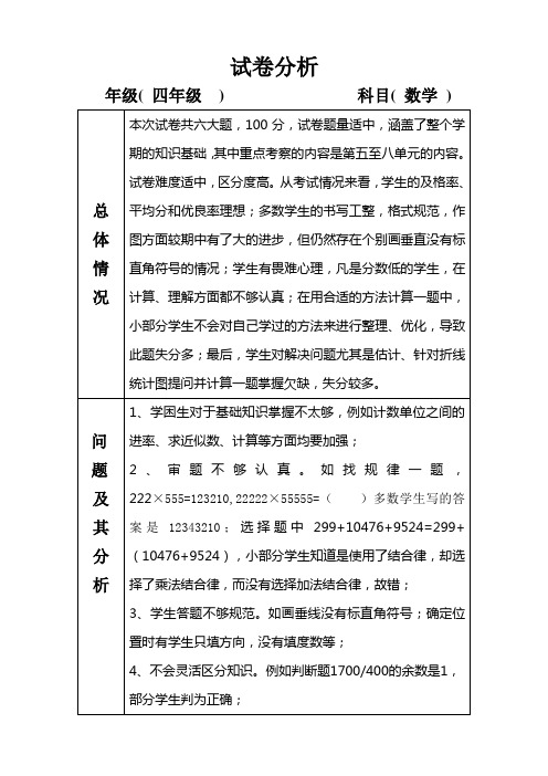 2013-2014学年度第一学期四年级数学期末试卷分析表