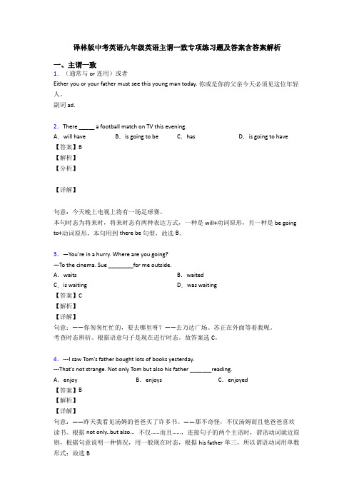 译林版中考英语九年级英语主谓一致专项练习题及答案含答案解析