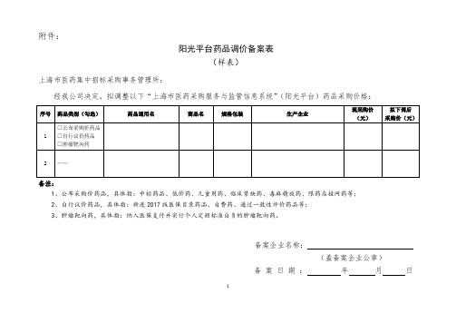 阳光平台药品调价备案表(样表)