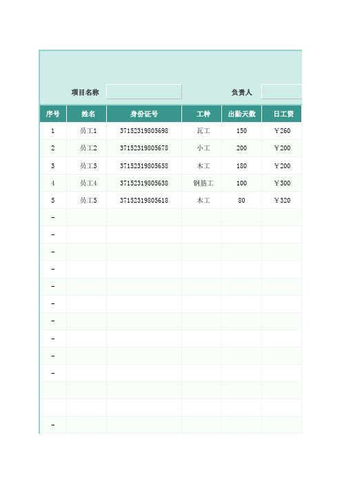 农民工工资表Excel模板