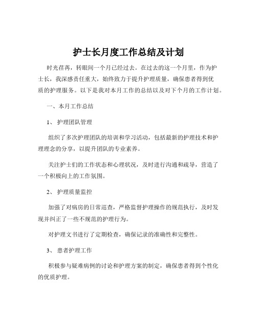 护士长月度工作总结及计划