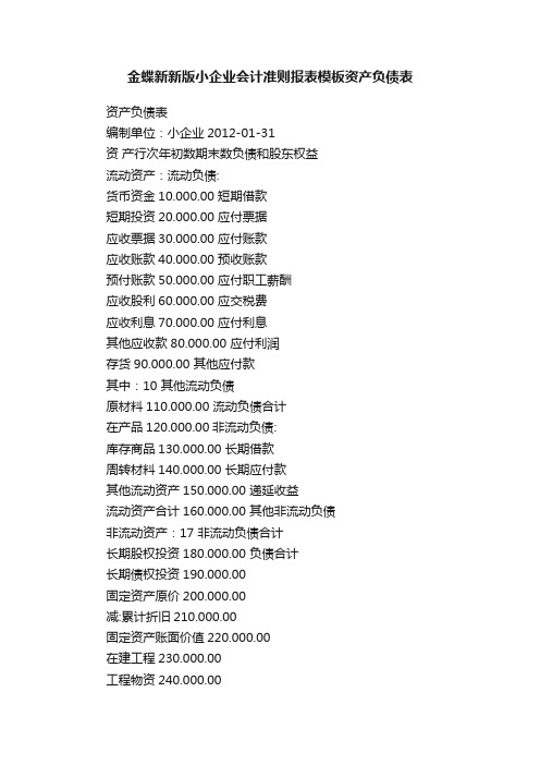 金蝶新新版小企业会计准则报表模板资产负债表