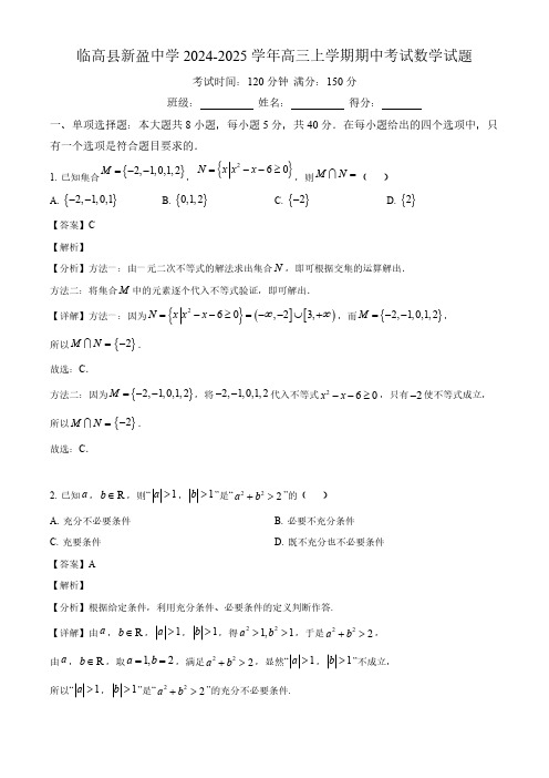 2025届海南省临高县高三数学上学期期中考试卷及答案解析