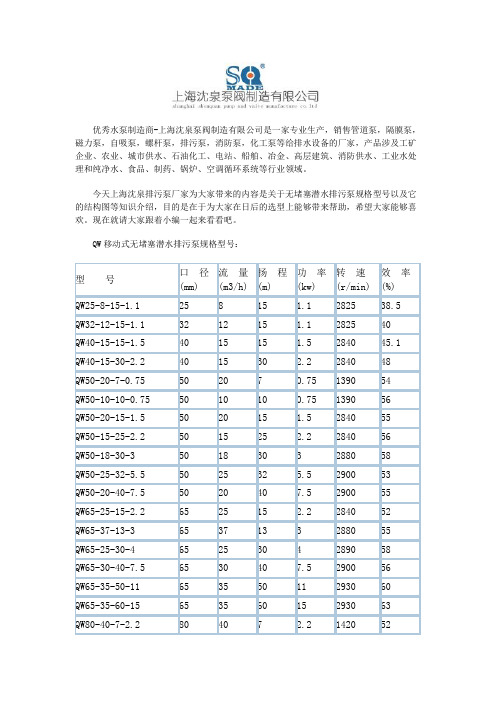 QW移动式无堵塞潜水排污泵规格型号及结构图