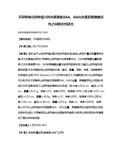 不同等级山药种栽与其内源激素(IAA、GA3)含量及蔗糖酶活性之间相关性研究