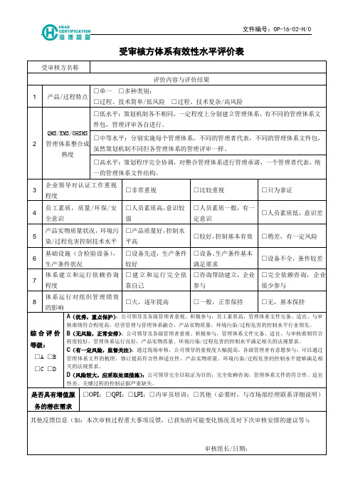 OP-16-02 受审核方体系有效性水平评价表(H0)