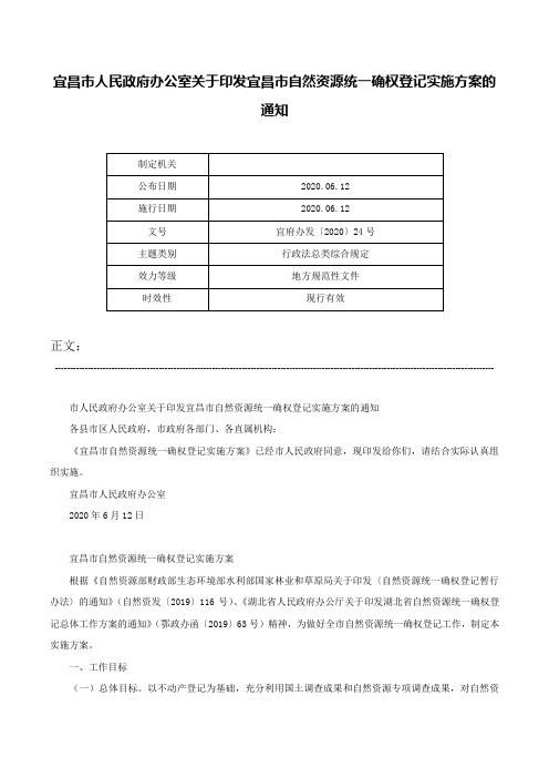 宜昌市人民政府办公室关于印发宜昌市自然资源统一确权登记实施方案的通知-宜府办发〔2020〕24号