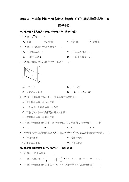 2018-2019学年上海市浦东新区七年级(下)期末数学试卷(五四学制)