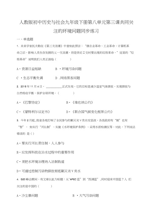 人教版初中历史与社会九年级下册第八单元第三课共同关注的环境问题同步练习.docx