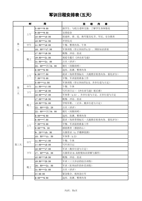 军训日程安排表(5天详细计划)