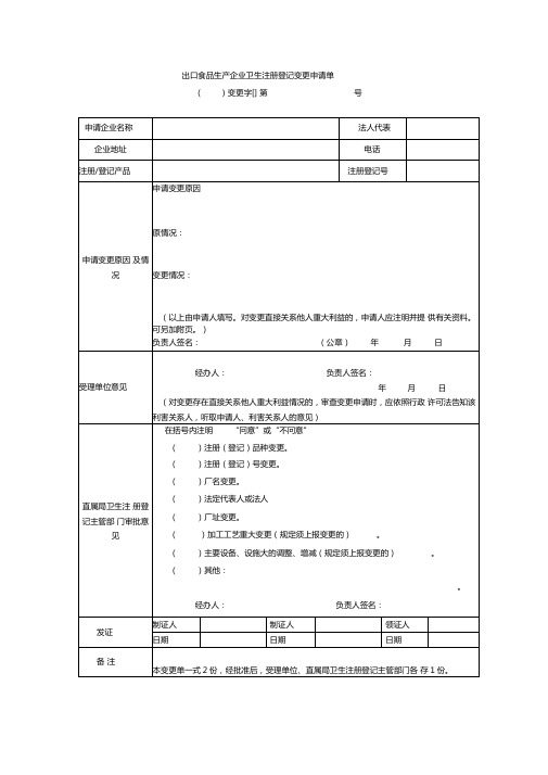 出口食品生产企业卫生注册登记变更申请单