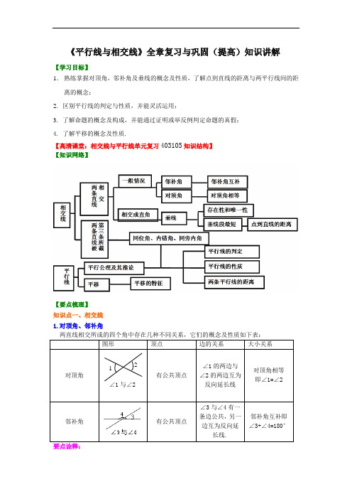 人教版初一数学下册：《平行线与相交线》全章复习与巩固(提高)知识讲解