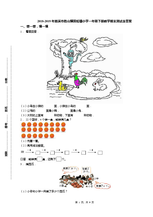 2018-2019年慈溪市胜山镇拔船塘小学一年级下册数学期末测试含答案