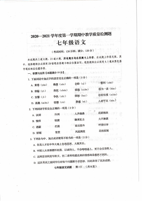 山东省青岛市西海岸新区(黄岛区)2020-2021 学年七年级上学期期中教学质量检测语文试题