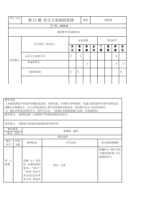 人教部编版九年级上册第17课 君主立宪制的英国教学设计