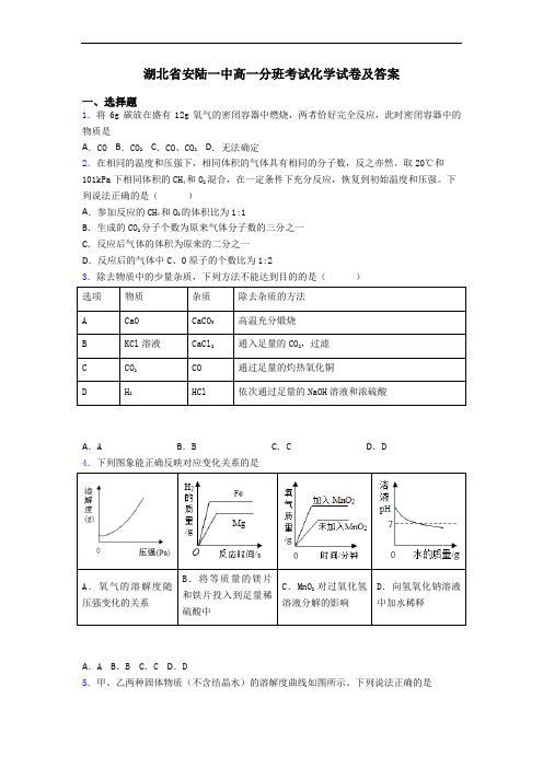 湖北省安陆一中高一分班考试化学试卷及答案