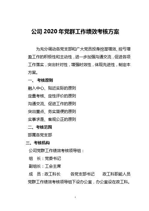 公司2020年党群工作绩效考核方案