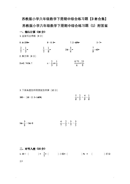 苏教版小学六年级数学下册期中综合练习题【3套合集】