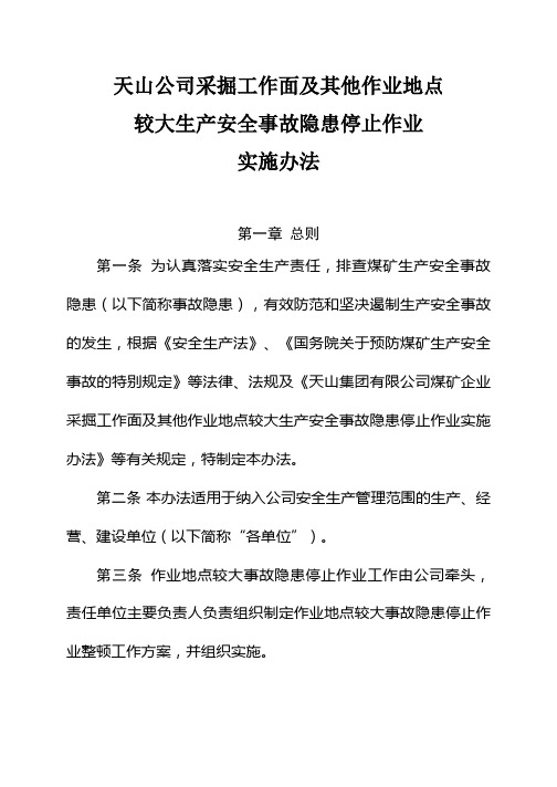 天山公司采掘工作面及其他作业地点较大生产安全事故隐患停止作业实施办法