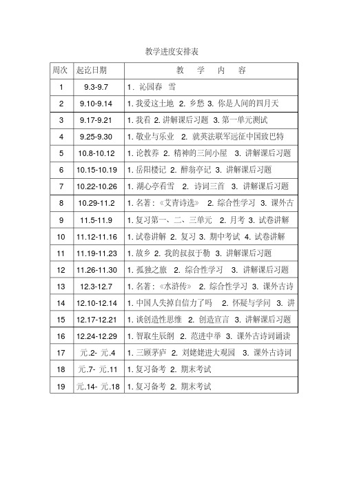 最新部编版语文九年级上册教学进度安排表