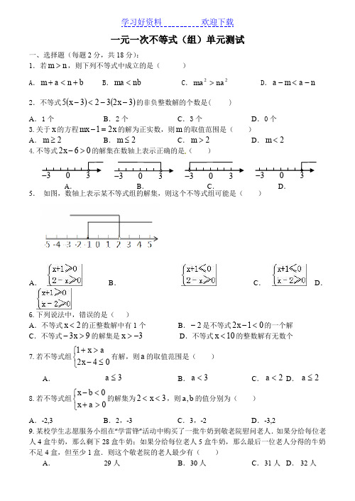 苏教版七年级下册《一元一次不等式》单元练习