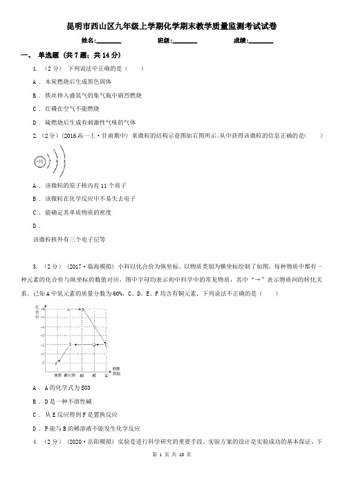 昆明市西山区九年级上学期化学期末教学质量监测考试试卷