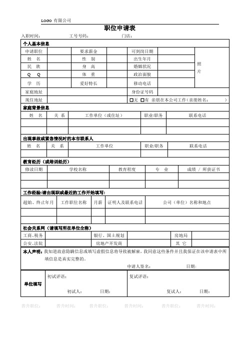 房地产 职位申请表、调查问卷