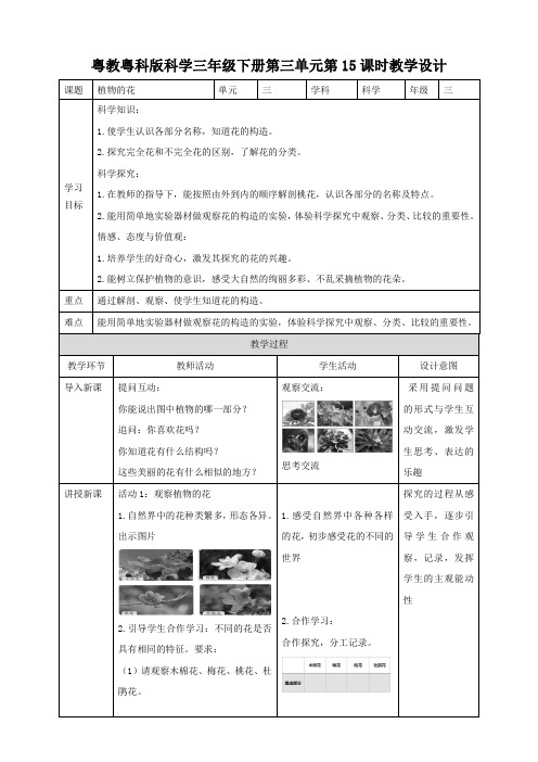 粤教粤科版小学科学三年级下册第三单元第15课时《植物的花》教案
